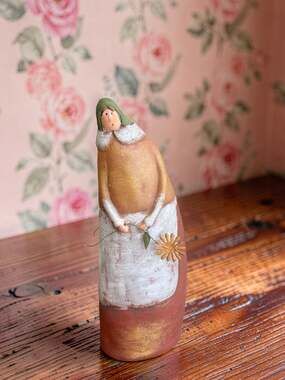 Folk Art Woman Ceramic Figurine Metal Flower Cottagecore Primitive Decor